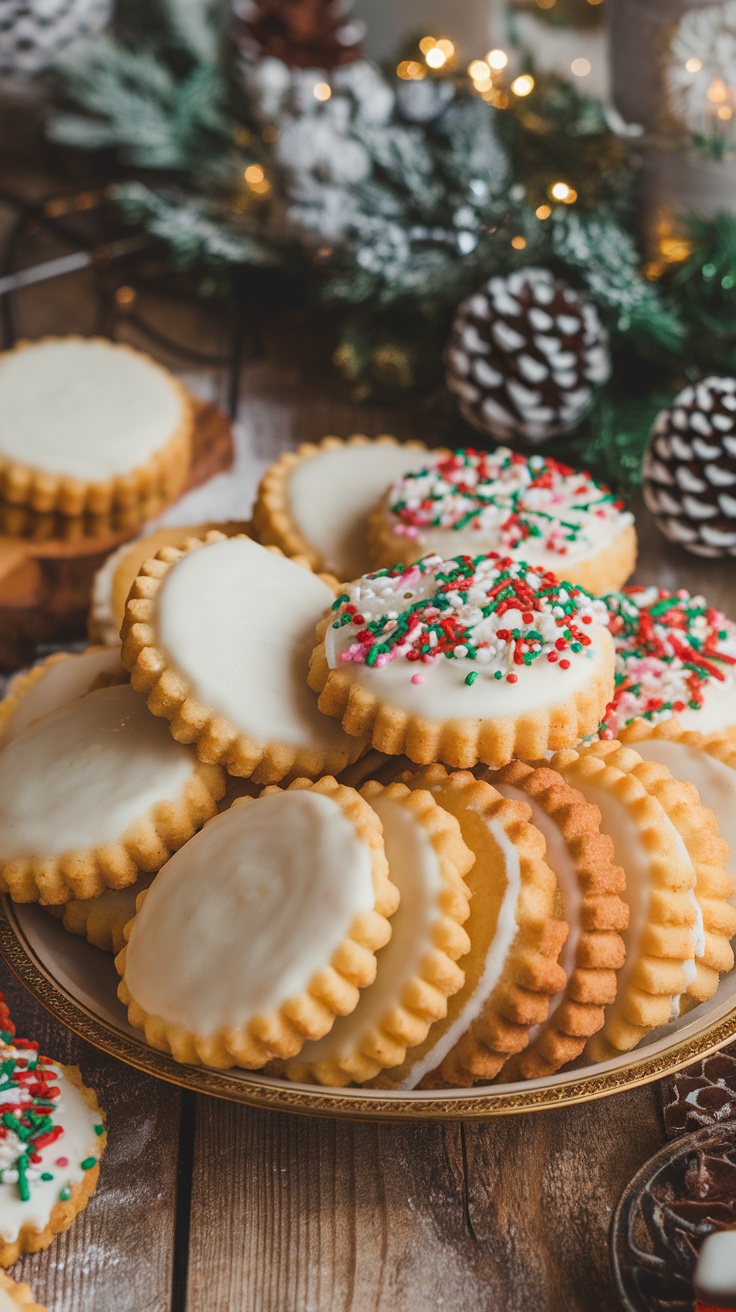 Plate of soft and chewy sugar cookies with colorful sprinkles on a rustic table.